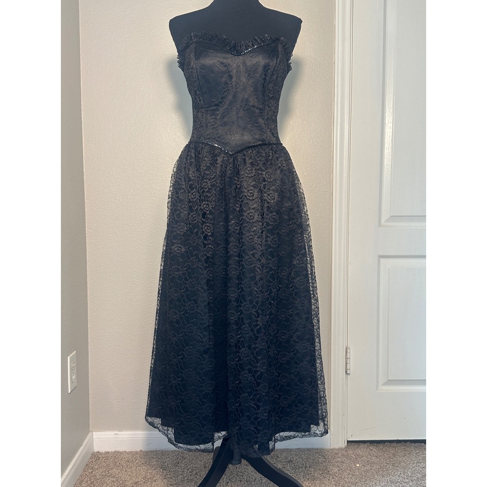 Gunne‎ Sax Y2K VTG Black Lace Gothic Corset Style Strapless Formal Dress Size 9 - Picture 6 of 16